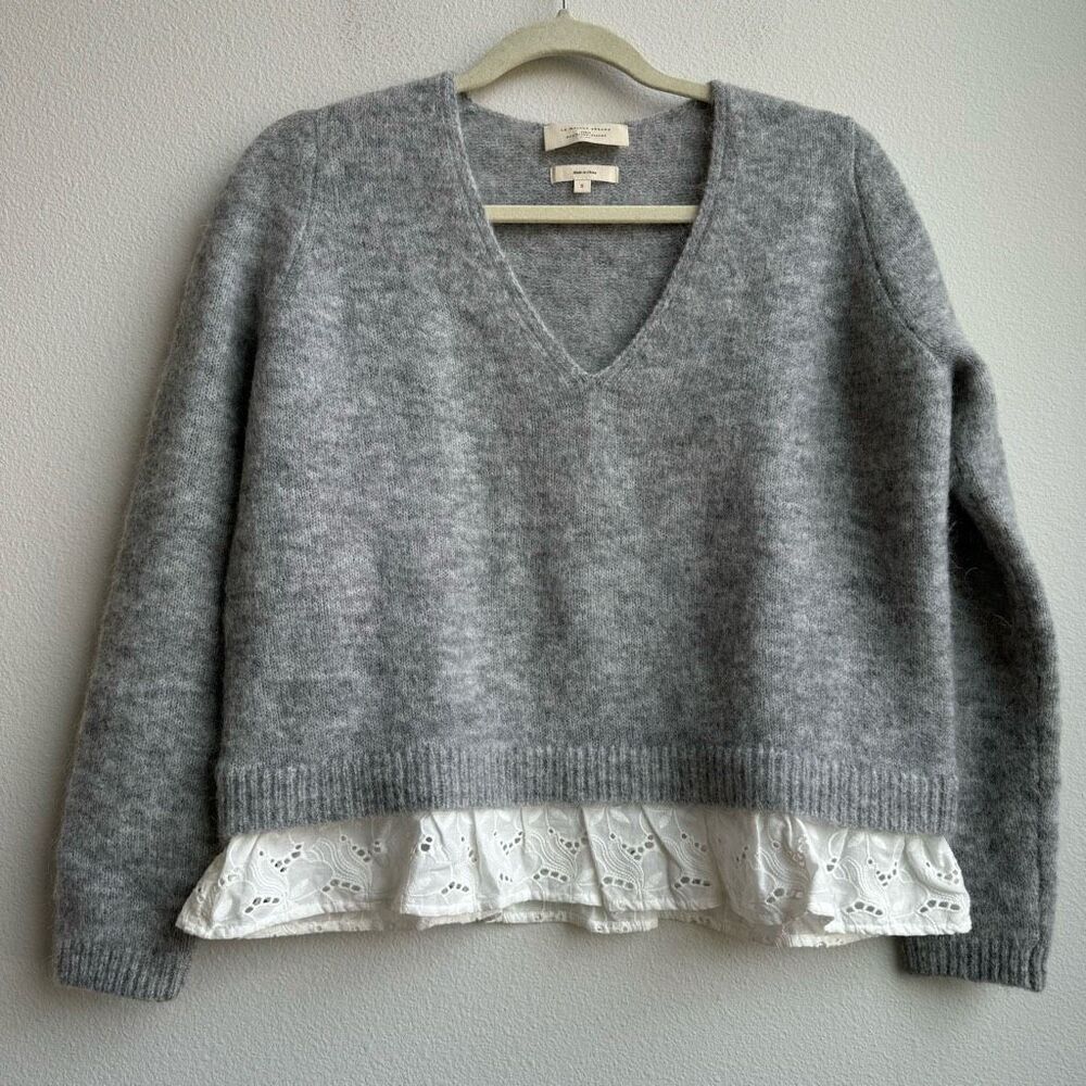 Sezane Alfred Kid Mohair Merino Knit Jumper Sweater Gray V Neck Size Small